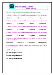 English worksheet: STRESS PATTERNS