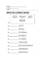 English worksheet: go, play, do or ride