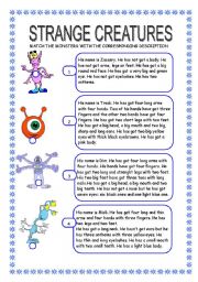 English Worksheet: monsters: have got, parts of the body