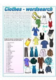 English Worksheet: Clothes - Wordsearch & Matching