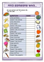 English Worksheet: Find someone who... likes (food)