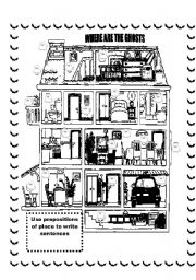 English Worksheet: Haunted House Where are the ghosts?  Prepositions of place