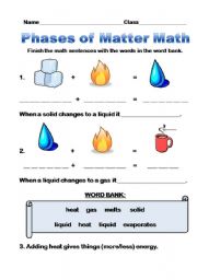 English Worksheet: Phases/States of Matter Math Sentences