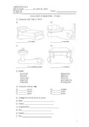 English Worksheet: test - 3 ano do ensino fundamental - this/that, a/an, jobs and plural