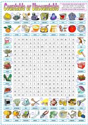 English Worksheet: COUNTABLE OR UNCOUNTABLE -WORDSEARCH (B&W VERSION INCLUDED)