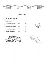 English worksheet: CAN-CANT (PART I)