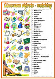 English Worksheet: CLASSROOM OBJECTS - MATCHING EXERCISE (B&W VERSION INCLUDED)