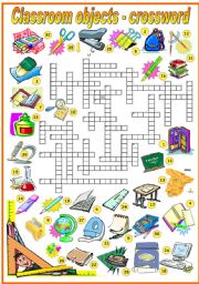 English Worksheet: CLASSROOM OBJECTS - CROSSWORD (B&W VERSION INCLUDED)