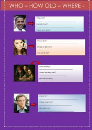 English Worksheet: WHO - HOW OLD - WHERE - WHAT   with PERSONALITIES