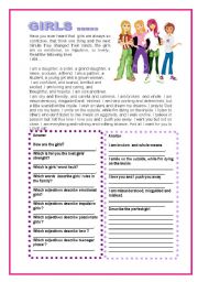 English Worksheet: Reading  Part 1   Girls   full of   Adjectives, Questions, Complete 