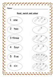 English Worksheet: Number Names one to six