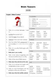 English Worksheet: Brain Teasers