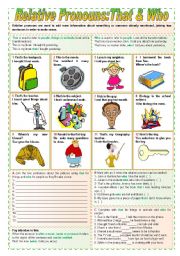 English Worksheet: Relative Pronouns: That & Who (completely editable)