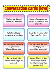 English Worksheet: conversation cards ( love & relationships ) 3rd in the series (6 pages)