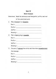 English worksheet: Word analysis quiz