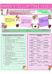 English Worksheet: COLLOCATION 45 - HAPPEN, OCCUR, TAKE PLACE