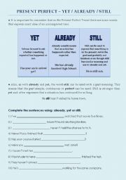 English Worksheet: PRESENT PERFECT (YET, ALREADY, STILL)