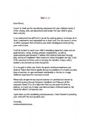 English Worksheet: Welcome letter