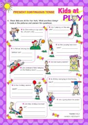 English Worksheet: Kids at Play Set (4)  -  Answering questions using the Present Continuous Tense 