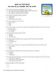 English Worksheet: Shrek the Third Qiuz