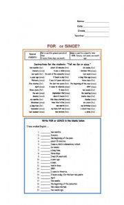 English Worksheet: FOR ans SINCE