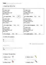 English Worksheet: Classroom Objects and Numbers