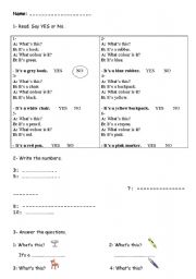 English worksheet: Classroom Objects and Numbers