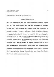 English Worksheet: Prepositions of Location: Mikes Messy Room