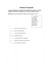 English worksheet: Sentence Fragments by adding a subject from the word box