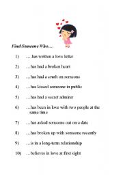 English worksheet: Find Someone Who (Love nd Relationships)