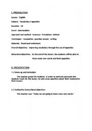 English worksheet: a plan for vocabulary lesson