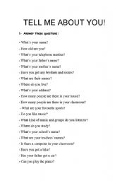 English worksheet: TELL ME ABOUT YOU!