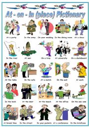 English Worksheet: PREPOSITIONS OF PLACE :AT - ON - IN -PICTIONARY (B&W VERSION INCLUDED)