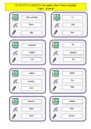 English Worksheet: Activity cards for the game Draw-M-Explain topic ANIMALS