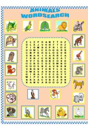 English Worksheet: Animals-Word search