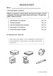 English Worksheet: Reading Activity (classroom objects - family members - parts of the body)