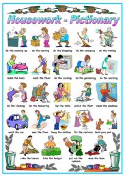 English Worksheet: HOUSEWORK PICTIONARY -(B&W VERSION INLCUDED)