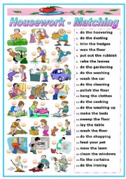 English Worksheet: HOUSEWORK - MATCHING EXERCISE (B&W VERSION INCLUDED)