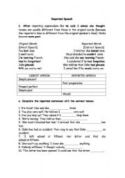 English Worksheet: Reported Speech - explanation and exercises