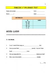 English worksheet: 9th grade test