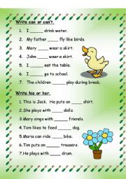 English Worksheet: Can, Cant   -   His, Her