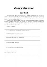 English worksheet: My week story and questions