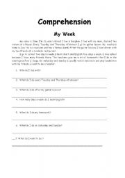 English Worksheet: My week story and questions