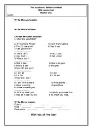 English worksheet: test for beginners