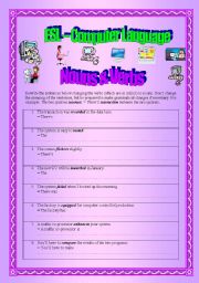 English Worksheet: ESL Computer Language - (( Nouns & Verbs )) - intermediate - (( 3 pages )) - with Answers - editable
