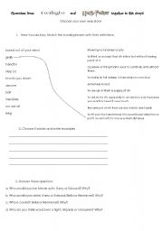 English Worksheet: Characters from Harry Potter and Twilight together in this story! WS 3 pages + key