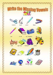 English Worksheet: School supplies:  complete with vowels 3/3