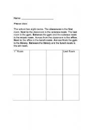 English worksheet: School Rooms, Across From, Between, Next to