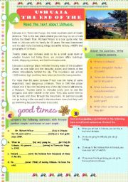 English Worksheet: Ushuaia Argentina the southernmost city in the World. / Reading comprehension + verb tenses (Editable)