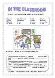 English Worksheet: IN THE CLASSROOM: school objects/ prepositions
